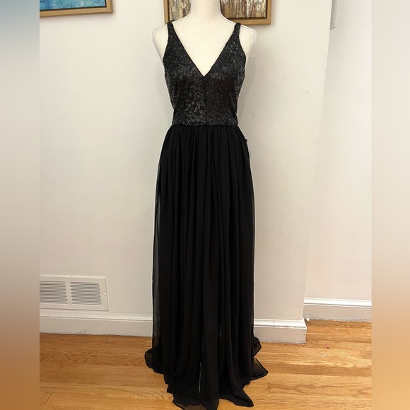 NWT DRESS THE POPULATION Lori Sequin Plunging Chiffon Gown (Small) - Picture 4 of 9